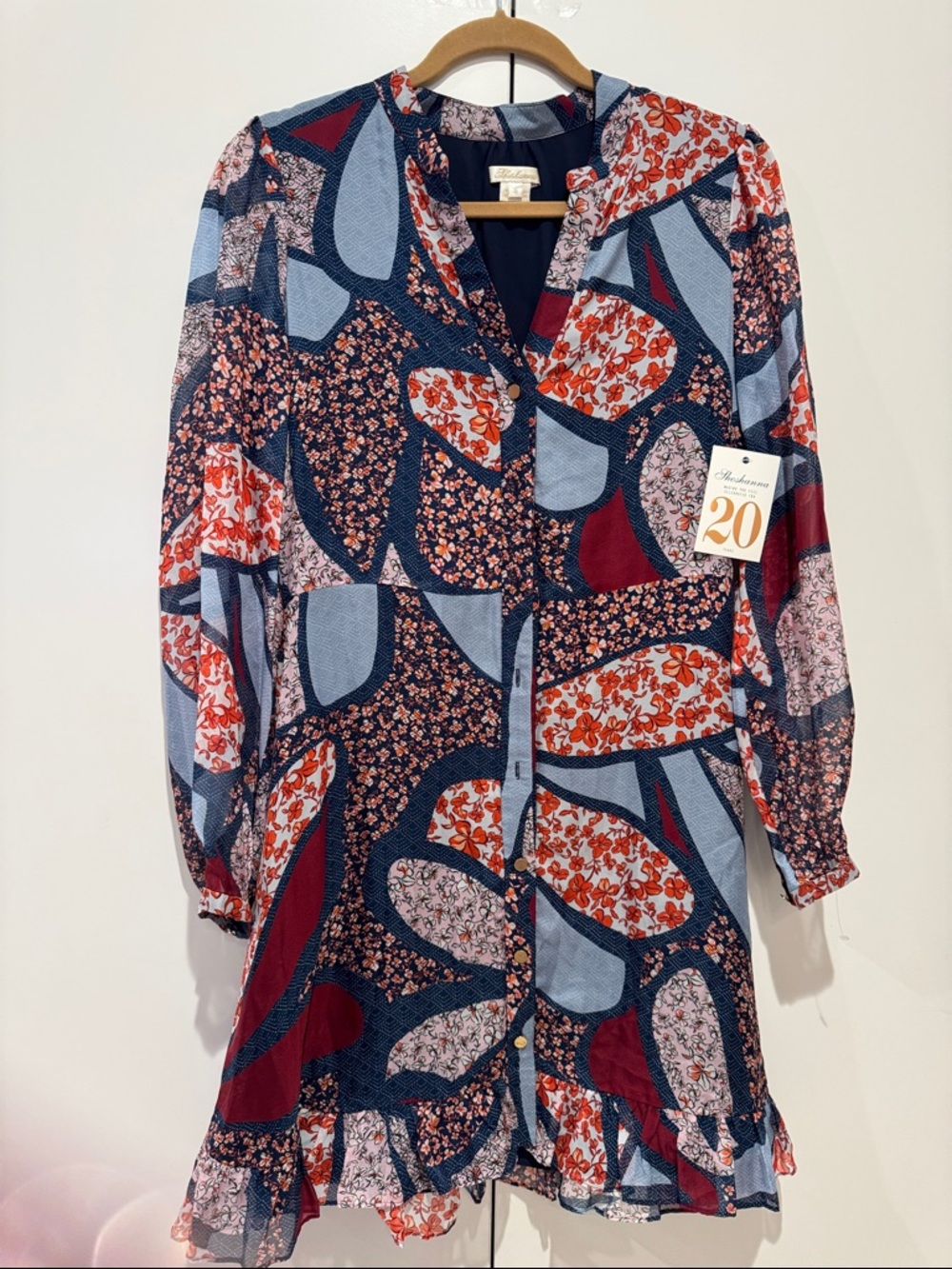 SHOSHANNA Navy Blue and Red Floral Patchwork Long Sleeve Dress